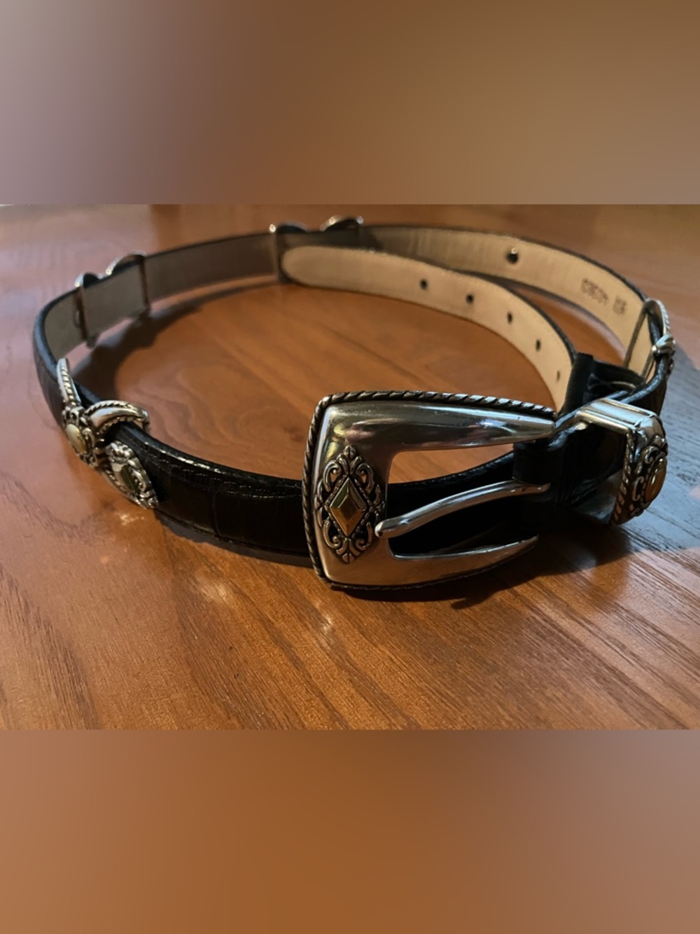 Vintage Brighton Black Croc-Embossed Belt with Silver Buckle and Embellishments